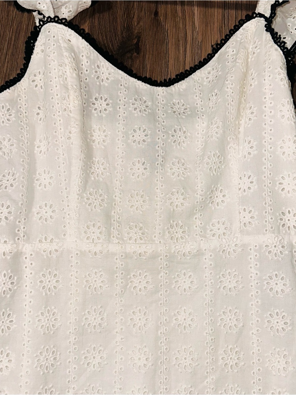 White Eyelet Cotton Mini Dress with Black Trim Cotton Lining Summer NWOT - Picture 5 of 10